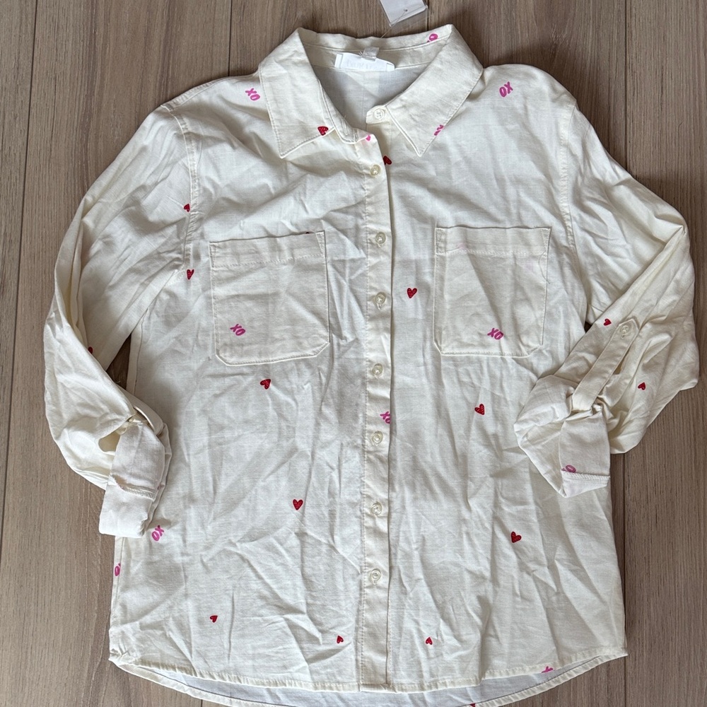 Pink Rose Cream Button Down Shirt with Heart Details